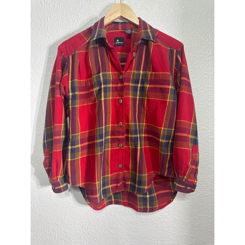 Lizsport Petite Red Yellow Blue Plaid Long Sleeve Button Up Shirt Women's Size S